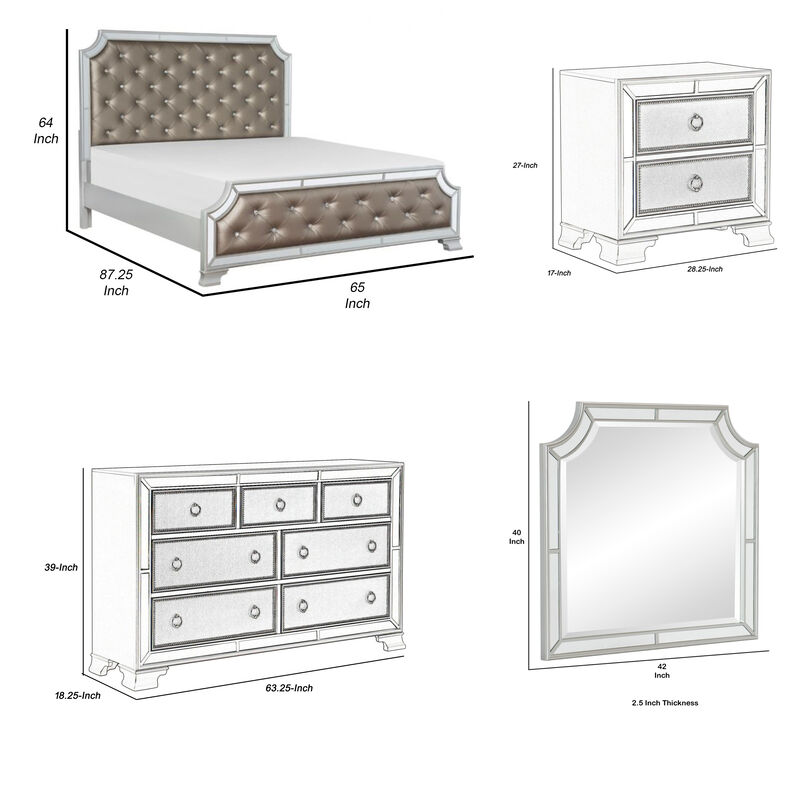 Badra Four Pc Queen Bedroom Set, Crystal Tufted Gray Faux Leather, Silver Mirror Trim - Benzara