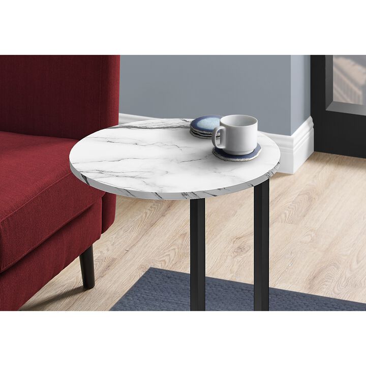 Monarch Specialties I 2210 Accent Table, Side, Round, End, Nightstand, Lamp, Living Room, Bedroom, Metal, Laminate, White Marble Look, Black, Contemporary, Modern