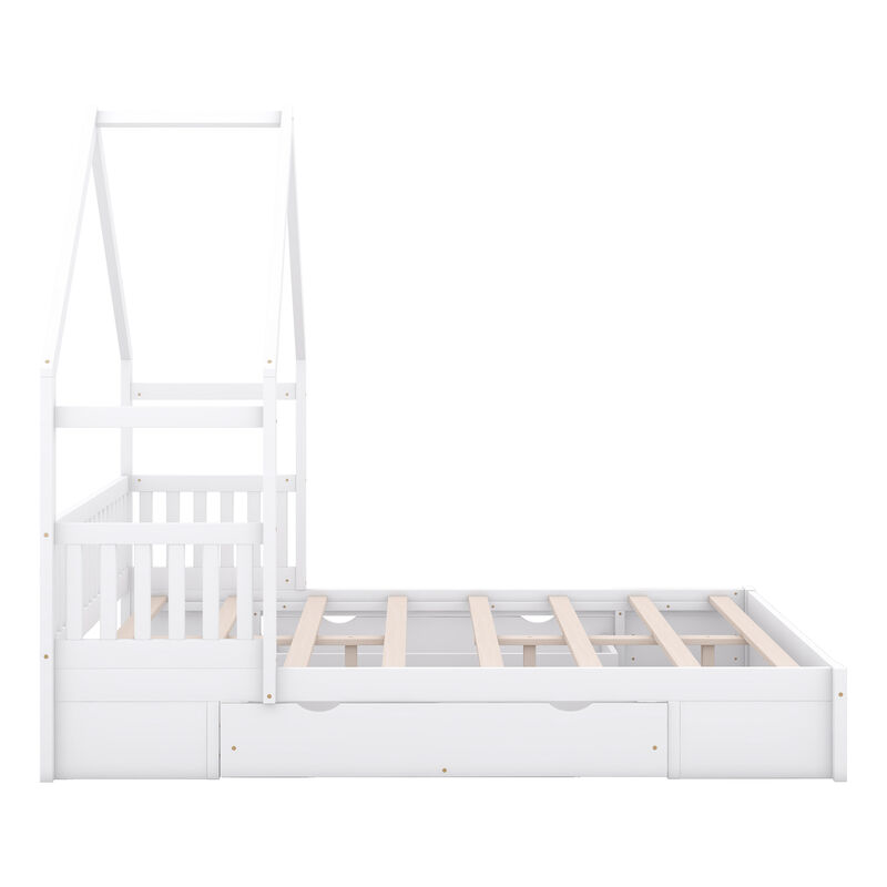 Whisen Queen Size Wood House Platform Bed with Guardrail and 2 Drawers - White
