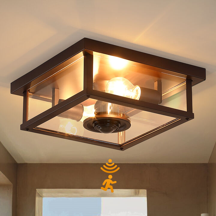 12 in. Motion Sensor Modern Farmhouse 2-Light Outdoor Flush Mount Ceiling Light