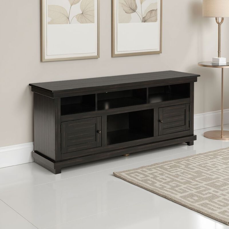Ayne TV Stand Media Cabinet, 2 Doors and 4 Shelves, Black Wood 60 Inch - Benzara