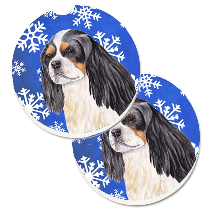 Caroline's Treasures Cavalier Spaniel Winter Snowflakes Holiday Set of 2 Cup Holder Car Coasters SC9391CARC, 2.56, Multicolor
