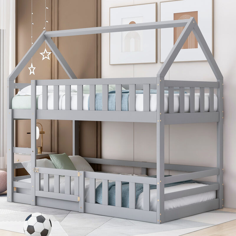 Whisen Wood Twin over Twin House-Shaped Bunk Bed with Fence with Door and Ladder - White