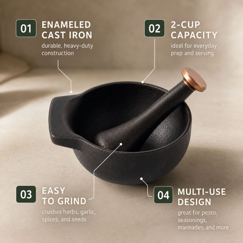 Alva Nori Enameled Cast Iron Mortar and Pestle 2Cups 4"  - Easy to Clean and Made without PFAS, PFOA & PTFE - Traditional Kitchen Tool Used for Grinding, Crushing, and Mixing Ingredients image number 3