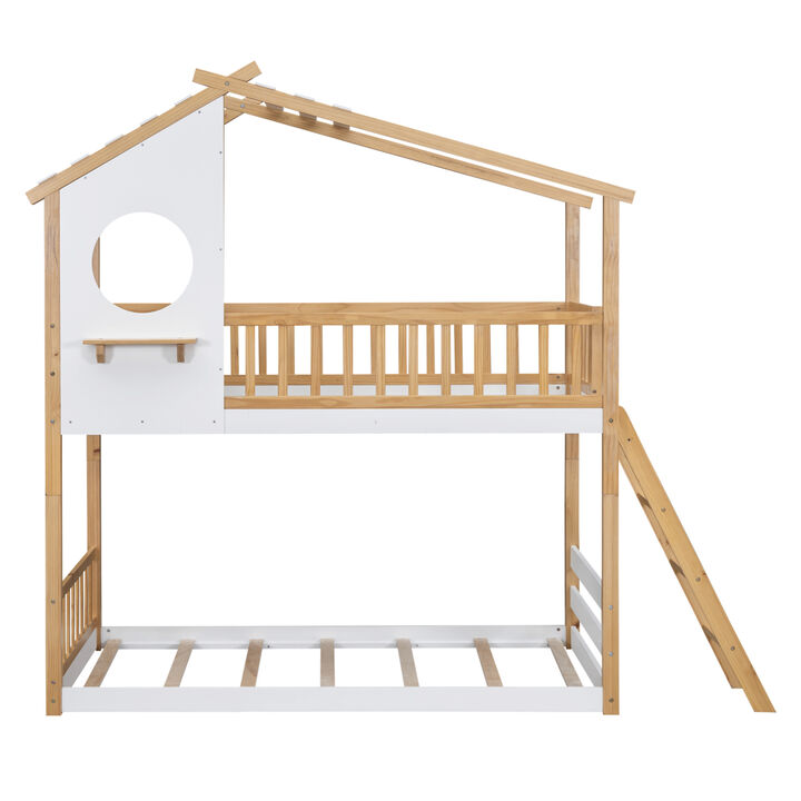Twin Over Twin Bunk Bed Wood Bed with Roof, Window, Ladder, Natural