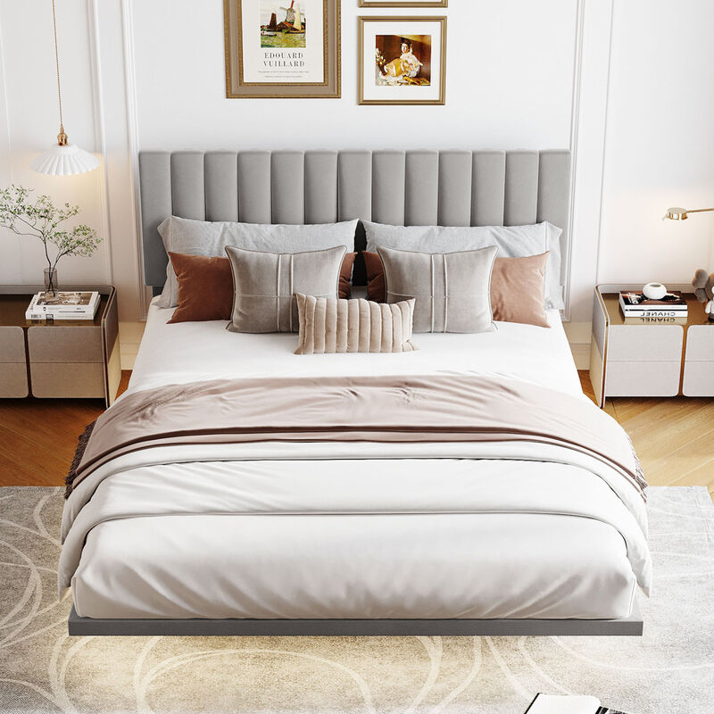 Queen Size Upholstered Bed with Sensor Light and Headboard, Floating Velvet Platform Bed, Gray image number 4