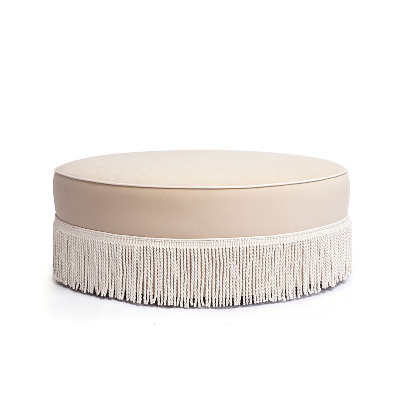 Tassy Neutral Floral Tasseled Round Ottoman image number 0