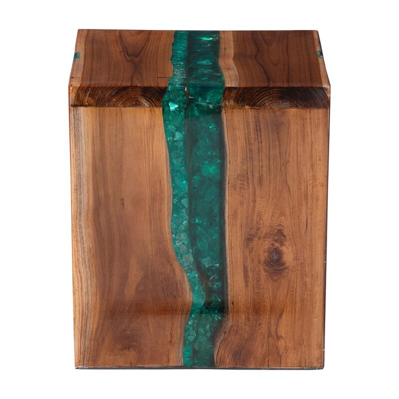 bali & pari Anan Teak Wood Epoxy Resin End Table - Live Edge Cube Side Table, Handcrafted Modern Rustic Accent Table for Living Room or Bedroom, Cube