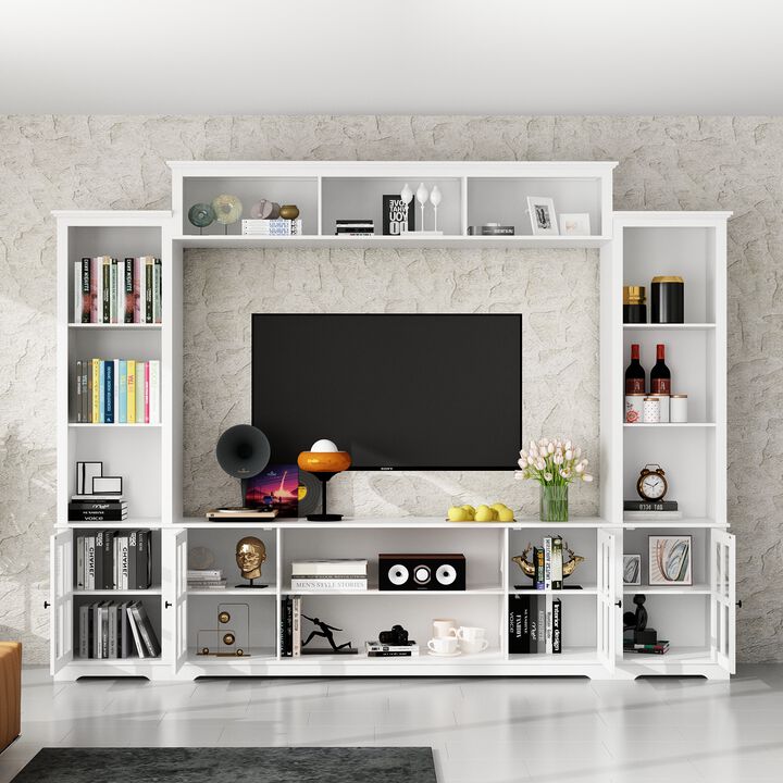 FUFU&GAGA 102-inch Modern TV Media Cabinet with Glass Cabinet Doors, Open Shelves, and Drawers, Made of White PB Board (102 in. W x 14.6 in. D x 78.2 in. H)