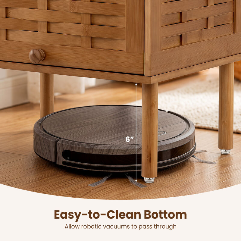 Bamboo Rattan Nightstand with Raised Edge Flip-Up Door and Open Shelf image number 7