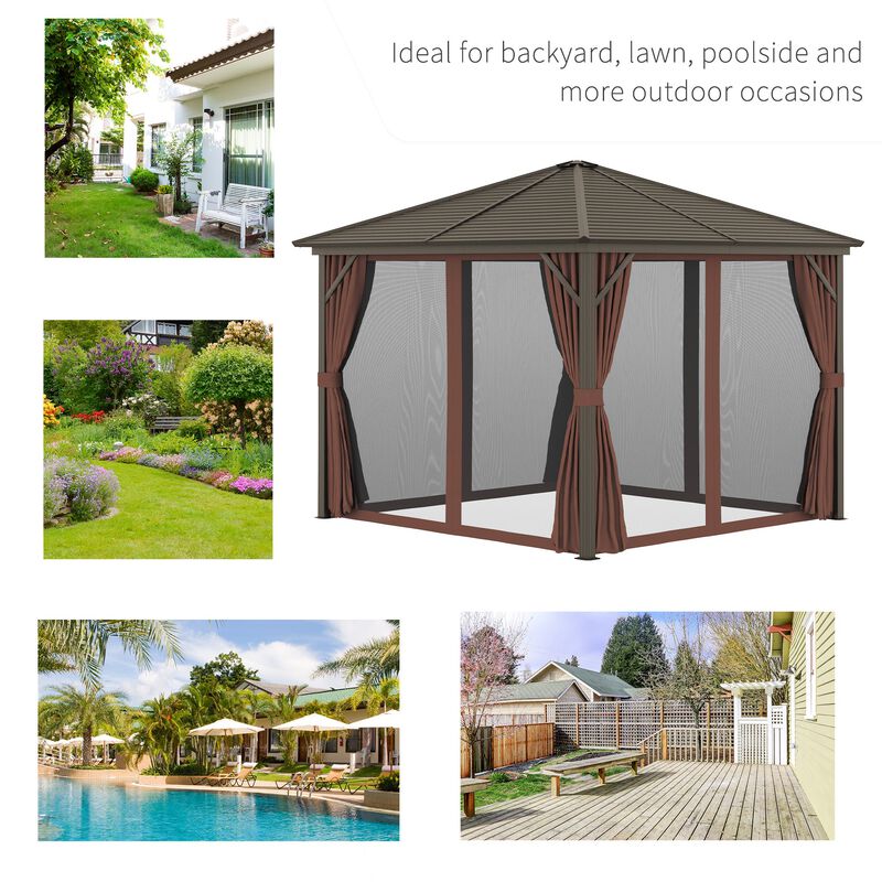 10x10 Hardtop Gazebo with Aluminum Frame, Permanent Metal Roof Gazebo Canopy with Curtains and Netting for Backyard, Dark Brown