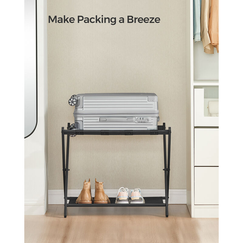 Luggage Rack for Guest Room &ndash; Folding Suitcase Stand with Durable Straps and Wooden Frame