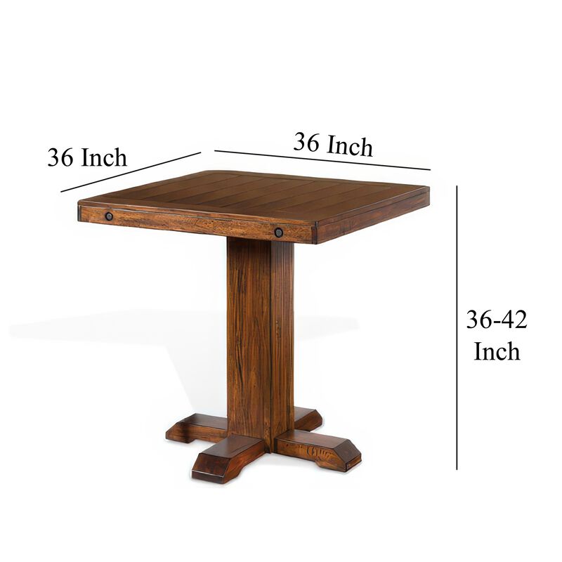 Reggie Bar Table, Adjustable Pedestal Base, 36 Inch Square Top, Brown