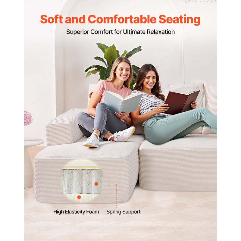 Corduroy Modular Sectional Couch with Chaise and Soft Cushions for Living Room