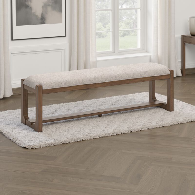 Cabal Large Dining Bench, Padded Beige Polyester, Brown Wood, 64 Inch - Benzara