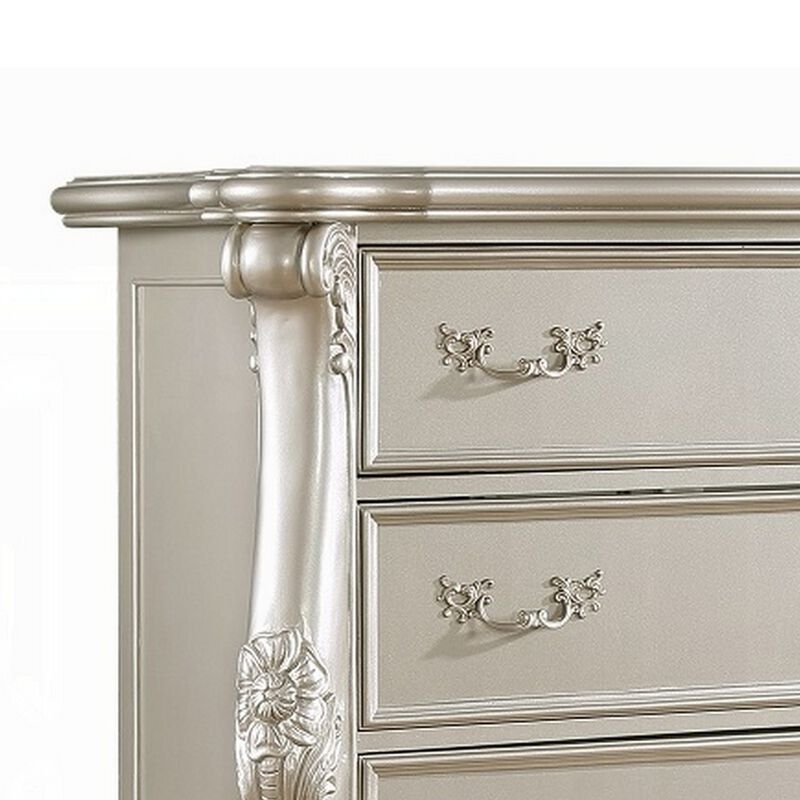 Bowe Tall Dresser Chest, 5 Drawer, Scrolled Champagne Gold Wood Finish - Benzara