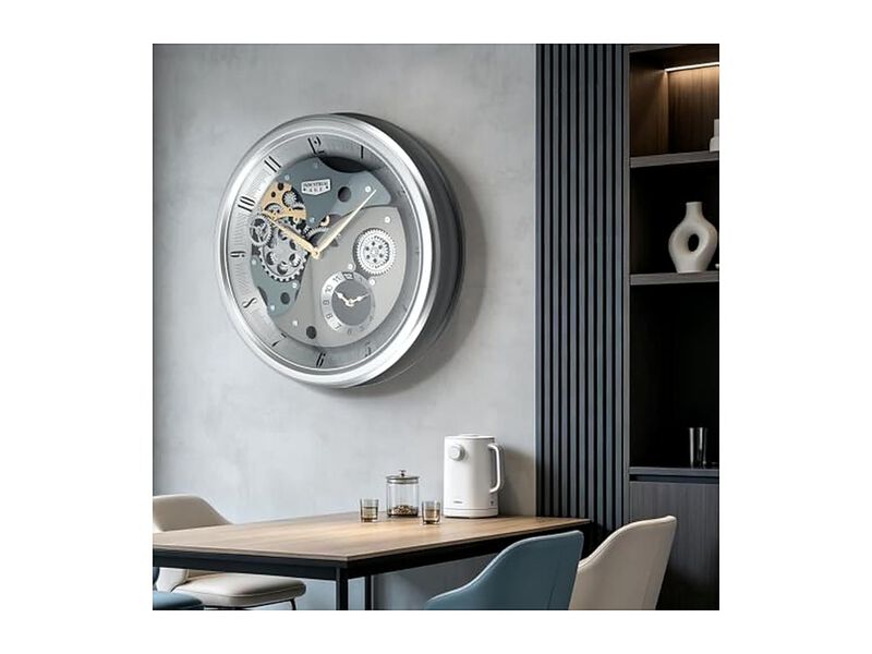 Industrial Moving Gears Dual Dials Wall Clock 20 Inch Silver Living Room Decor image number 2
