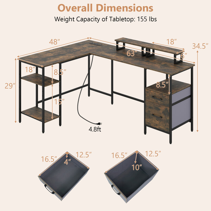 Reversible L Shaped Office Desk with Built-in Power Outlet and Monitor Shelf Workstation-Rustic Brown image number 2