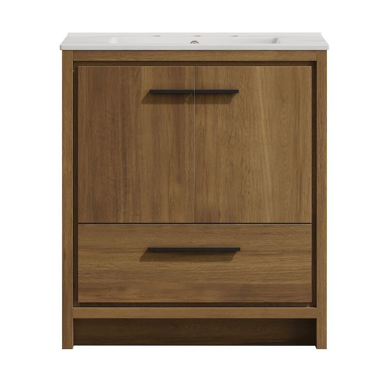 30" Freestanding Bathroom Vanity in Brown Oak with 3-Hole Widespread Sink Top image number 0