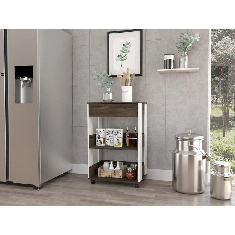 DEPOT E-SHOP Pillar Kitchen Cart, Four Caster Wheels, Three Shelves, Countertop-White Dark Walnut