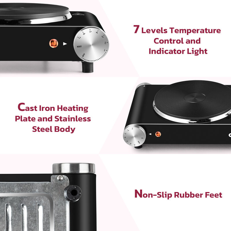 Cusimax 1800W Stainless Steel Electric Hot Plate, Portable Electric Stove, Double Burner for Cooking, Countertop Cooktop image number 5