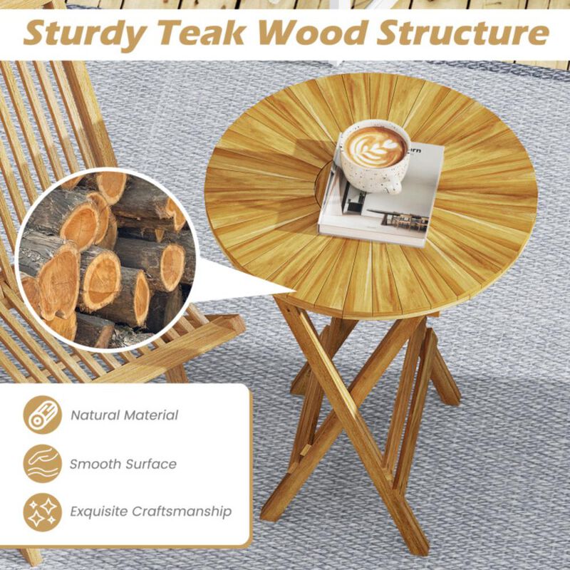 Hivvago Patio Folding Side Table Teak Wood Round End Table with Slatted Tabletop and X-Shaped Frame