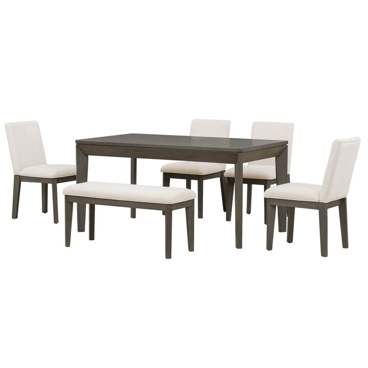 6Piece Dining Table Set with Upholstered Dining Chairs and Bench, Farmhouse Style, Tapered Legs, Dark Gray+Beige