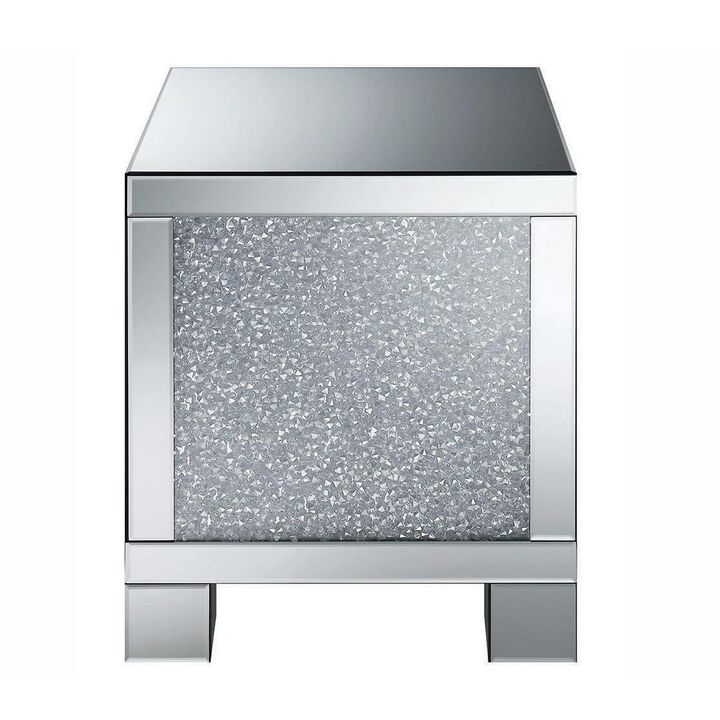 Wooden End Table with Infused Crystals on Mirrored Panel, Silver and Clear-Benzara