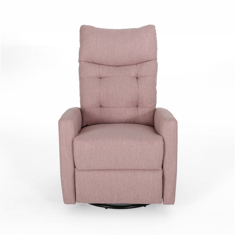 Push Back Glider Recliner Chair with Swivel, Blush Pink Tufted Fabric - Benzara