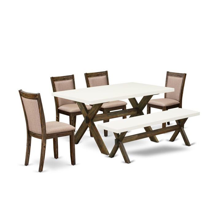 X726MZ716-6 6 Piece Dinning Set- A Kitchen Table in Trestle Base with Wood Bench and 4 Dining Chairs - Distressed Jacobean Finish
