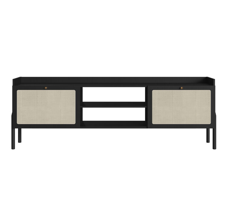 Boho 72" Tv Stand for up to 80" Tv's Wood Legs and Rattan 2 Door-Nero Black
