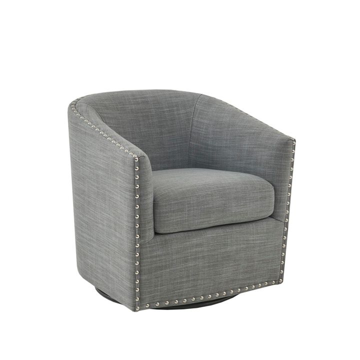 Gracie Mills Leyla Upholstered Barrel Swivel Chair with Black Metal Base