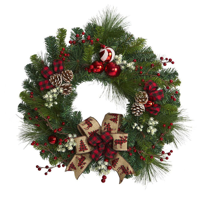 Nearly Natural 24-in Christmas Pine Artificial Wreath with Pine Cones and Ornaments