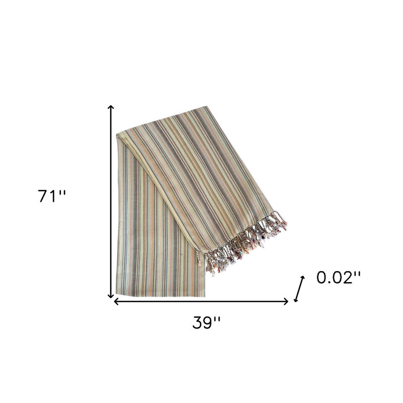 HomeRoots 39" X 71" Beige and Pink Cotton Striped Turkish Towel Throw Blanket with Tassels image number 3