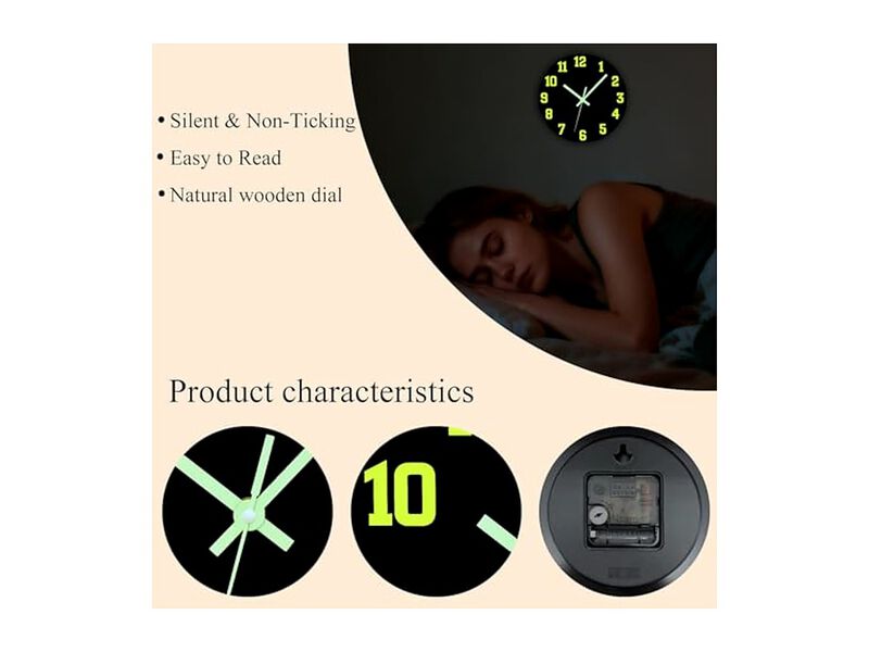 Glow In The Dark Night Light Black Wall Clock 8 Inch Silent Non Ticking Modern image number 1