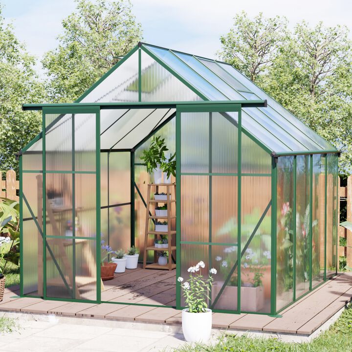 8x8 FT Double Door Polycarbonate Greenhouse Raised Base&Anchor Aluminum Duty Walk-in Greenhouses