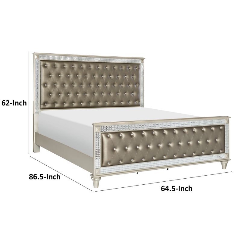 Juhi Queen Size Bed, Button Tufted Gray Faux Leather, Crystals Trim, Wood - Benzara