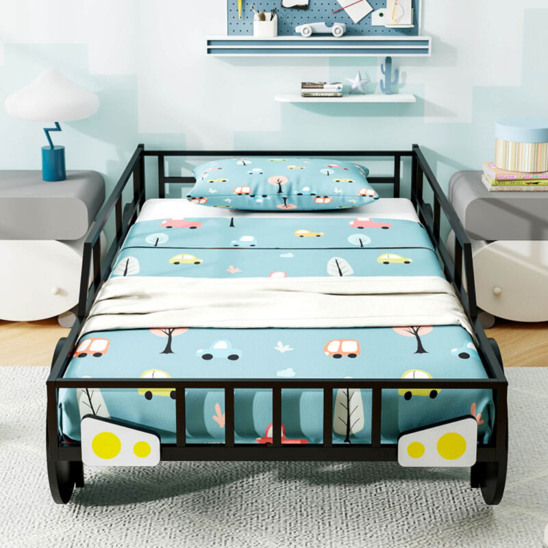 Car-Shaped Metal Bed Frame with Safety Guardrails, Fun Kids' Bed for Bedroom