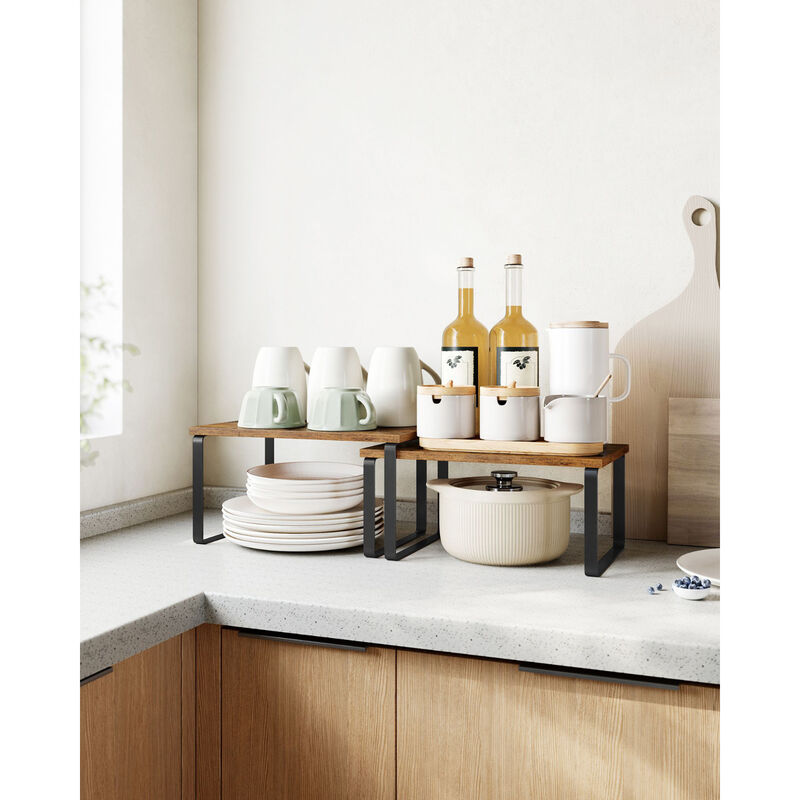 Expandable and Stackable Cabinet Shelf Organizer &ndash; Metal and Bamboo Kitchen Counter Shelves, Set of 2