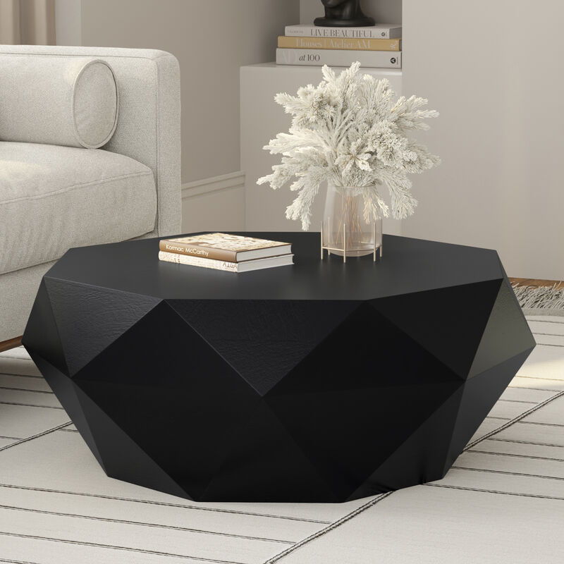 Zayn SOLID ACACIA WOOD 35 inch Wide Irregular Contemporary Coffee Table in Black, Fully Assembled