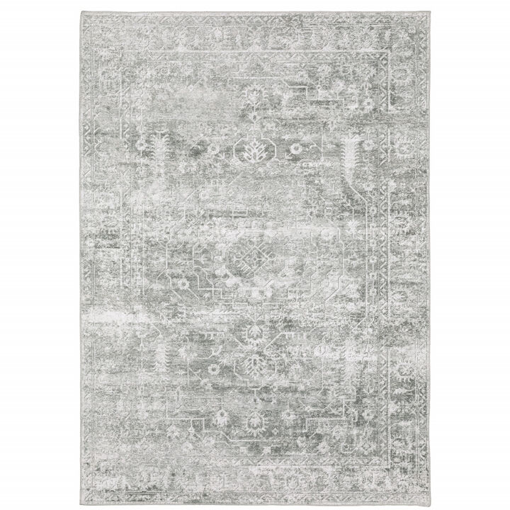5 X 7 Sage green grey Ivory And Silver Oriental Printed Stain Resistant Non Skid Area Rug