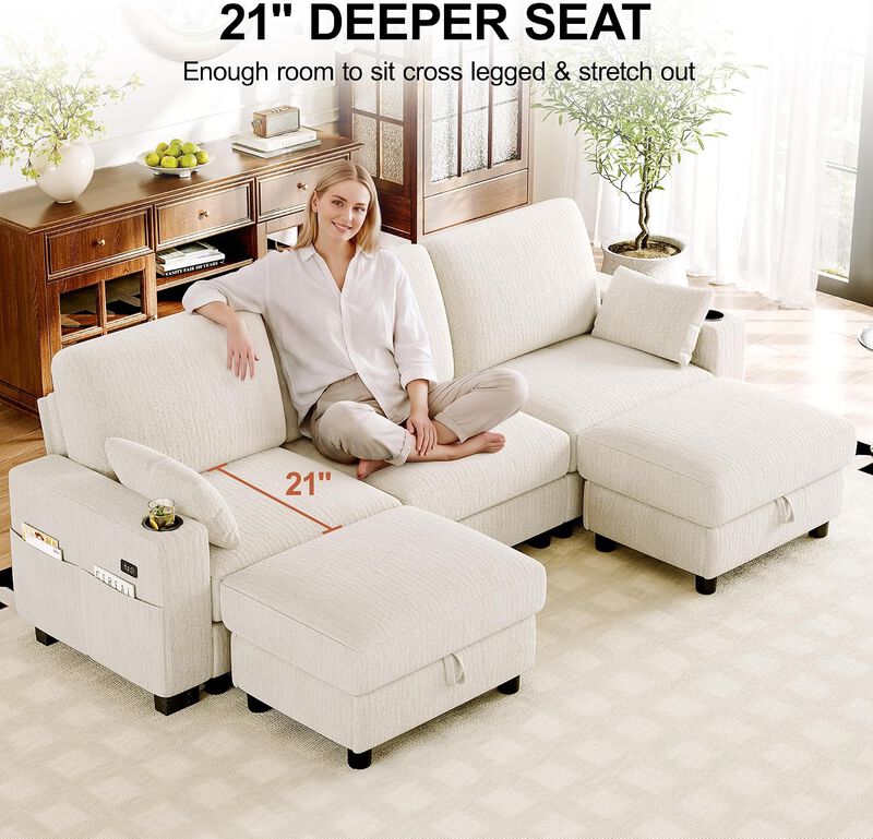 Vipbear 100" Modular Sectional Sofa Chenille 5 Seater U Shaped Couch with Moveable Ottoman image number 5