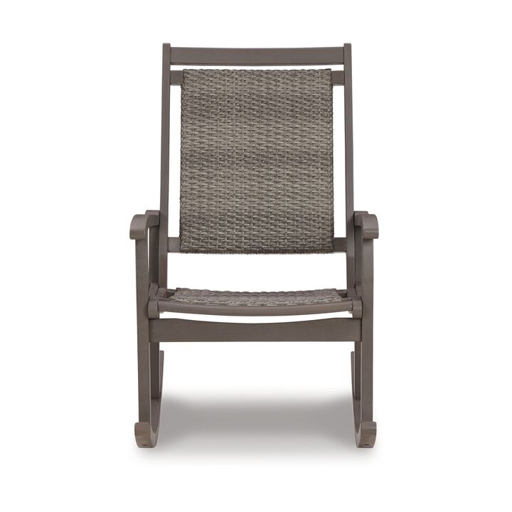 Emin 38 Inch Rocking Chair, Outdoor Resin Wicker Seat, Gray Wood Frame - Benzara