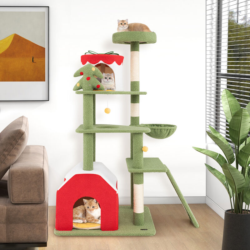 Cute Christmas Cat Tree with Sisal Scratching Posts and 2 Condos