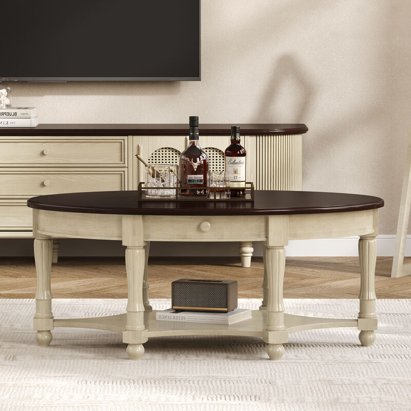 Merax Vintage Oval Coffee Table with Drawer & Storage Shelf - French Country Cocktail Table for Living Room