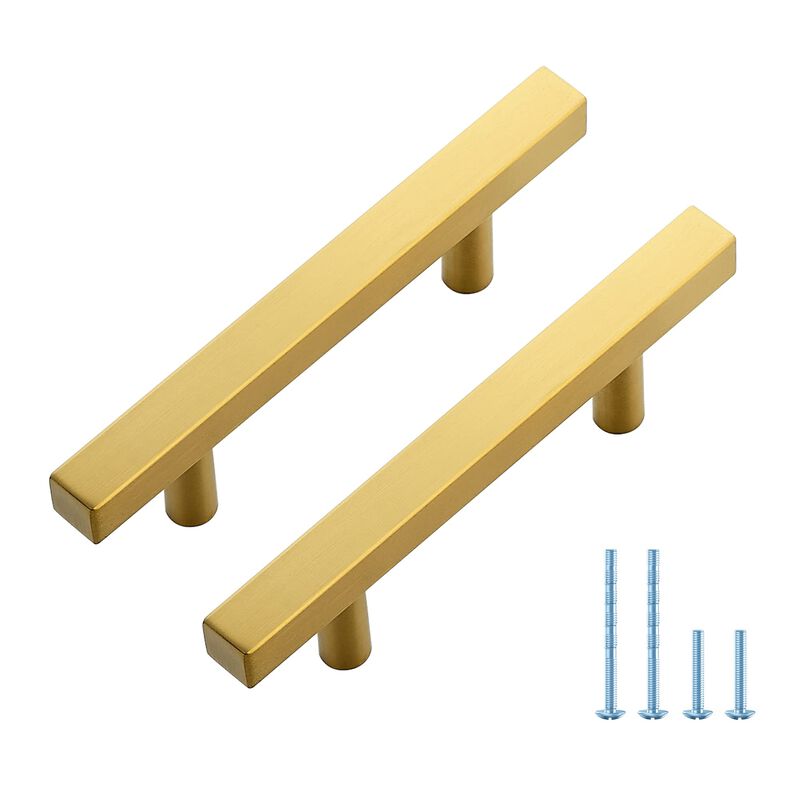 5 Pack 5 Inch Brushed Brass Cabinet Handles, Square Kitchen Hardware for Cabinets & Drawers, Stainless Steel Pulls with 3 Inch H