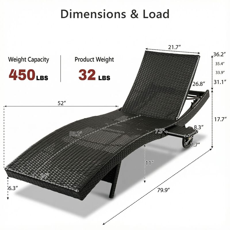 Whisen Patio Lounge Chairs with Rolling Wheels, Pull-out Side Table, Adjustable Backrest image number 9
