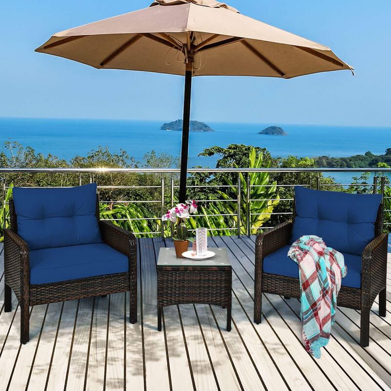 3-Piece PE Rattan Outdoor Dining Patio Furniture Set with Cushions