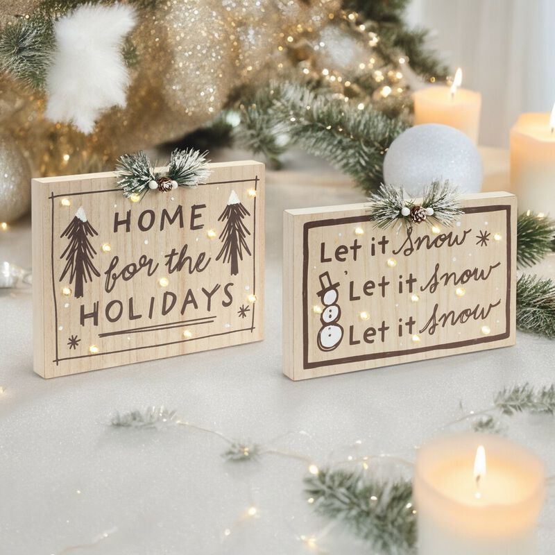 Set of 2 LED Holiday and Snow Signs for Festive Christmas Décor