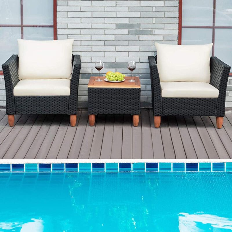 Hivvago 3 Pieces Patio Wicker Furniture Set with Cushions and Acacia Wood Coffee Table Outdoor